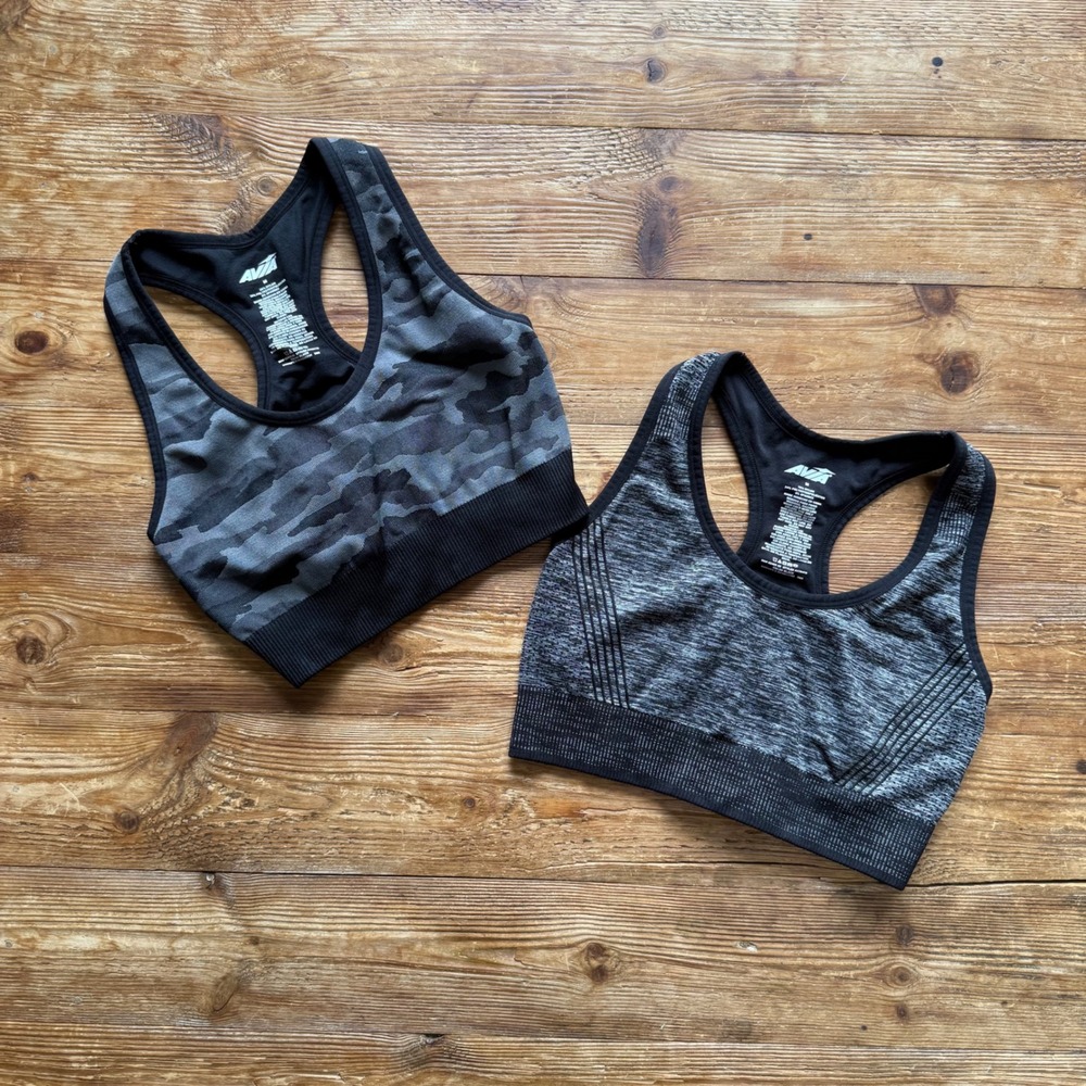 2 Avia Womens Seamless Sports Bra Camo Space Dye Grey Black AV20419 Size M EUC